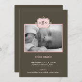 Initiales encadrées Faire-part de naissance - rose (Devant / Derrière)