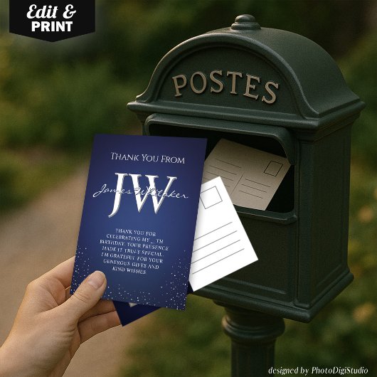 Initiales personnalisées Élégant Carte de remercie