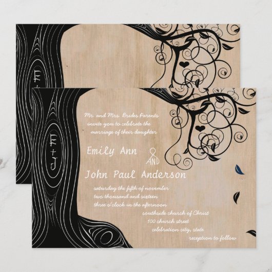 Initiales romantiques dans l'arbre Invitation de m (Devant / Derrière)