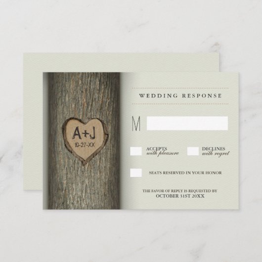 Initiales sculptées Cartes RSVP de mariage en chên (Devant / Derrière)