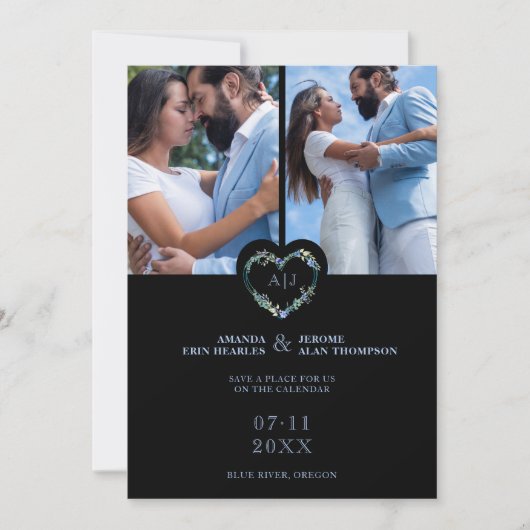 Initials Floral Blue Heart 2 Photos on Black Save The Date (Voorkant)