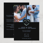 Initials Floral Blue Heart 2 Photos on Black Save The Date (Voorkant / Achterkant)