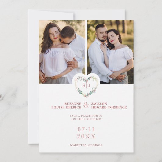 Initials Floral Pink Heart 2 Photos on White Save The Date (Voorkant)