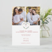 Initials Floral Pink Heart 2 Photos on White Save The Date (Staand voorkant)