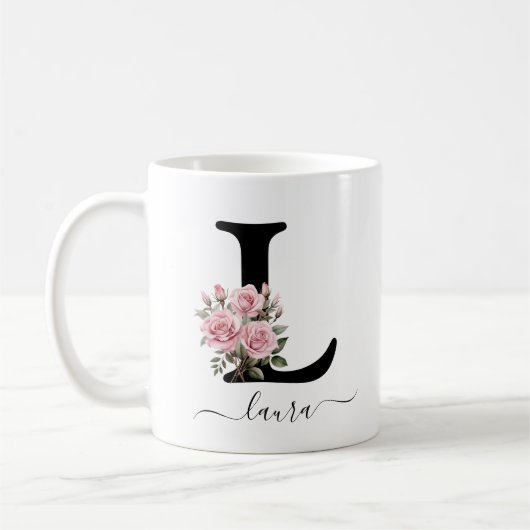 Initiële L Monogram Bloem Roze Rozen Mok (Links)