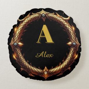✨ Initiële Letter Draak Sierlijke Cirkel Frame ✨ Rond Kussen
