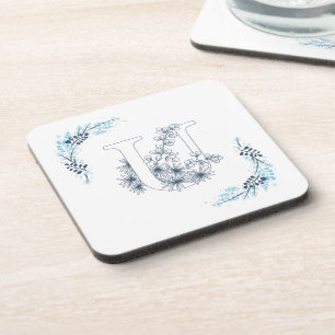 Initiële "U" Blauwe Monogram Rustige Bloem Bier Onderzetter