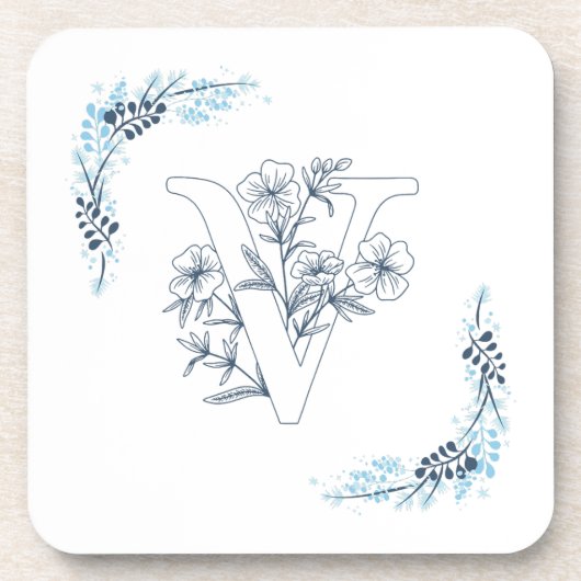 Initiële "V" Blauwe Monogram Kalme Bloem Bier Onderzetter (Voorkant)