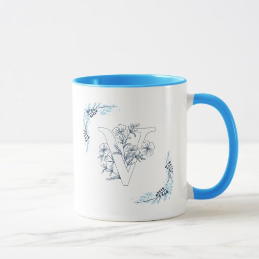Initiële "V" Blauwe Monogram Rustige Bloem Coffee Mok (Rechts)