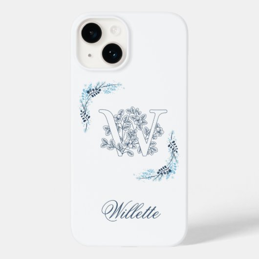 Initiële "W" Blauwe Monogram Rustige Bloem Case-Mate iPhone Case (Achterkant)