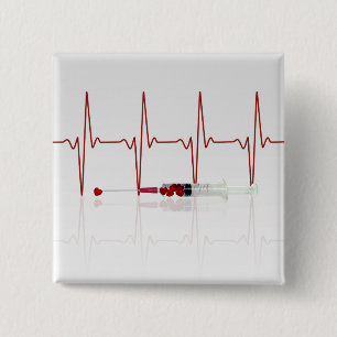 Injectie met rood hart vierkante button 5,1 cm