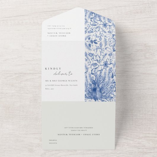 Ink Blue Classy  Waterverf Peacock Wedding All In One Uitnodiging (Buitenkant)