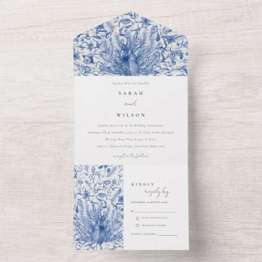 Ink Blue Classy Waterverf Peacock Wedding All In One Uitnodiging (Binnen)