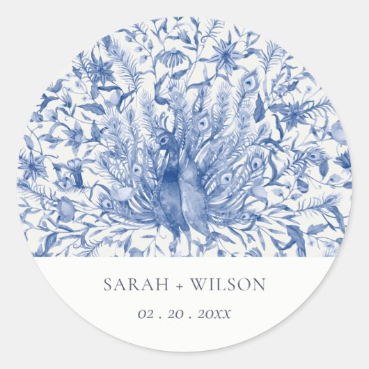 Ink Blue Classy  Waterverf Peacock Wedding Ronde Sticker (Voorkant)