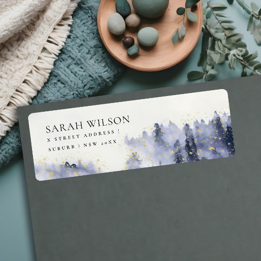 INK BLUE WATERVERF LANDSCAPE TREE FOLIAGE ADRES ETIKET