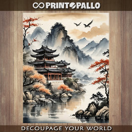 Ink drawing Japanese Pagoda on autumn lake - Tissuepapier