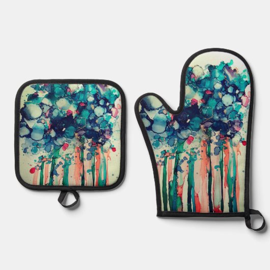 Ink flowers ovenwant & pannenlap set (Voorkant)