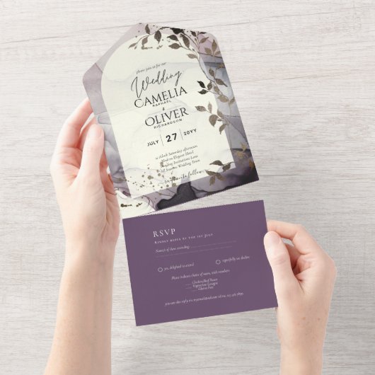 Ink Ombre Lila Ivory Silver Weddenschap All In One Uitnodiging (Afscheurbaar)