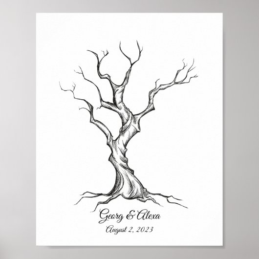 Ink Sketch Tree Bruiloft Vingerafdruk Gastenboek Poster (Voorkant)