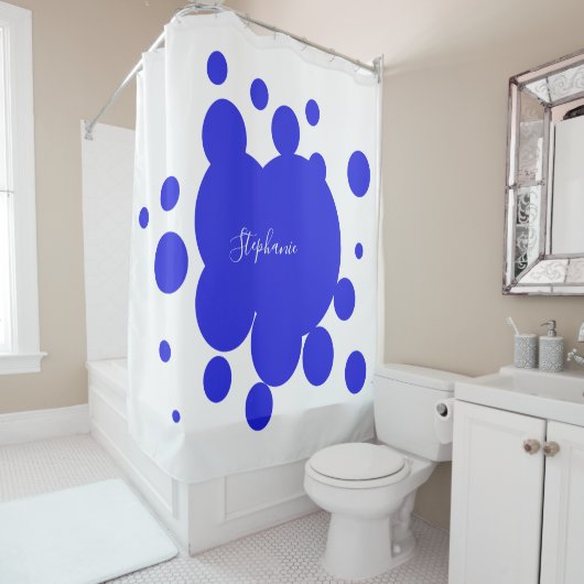 Ink Splash Blue Pattern White - monogram naam Douchegordijn (In situ)