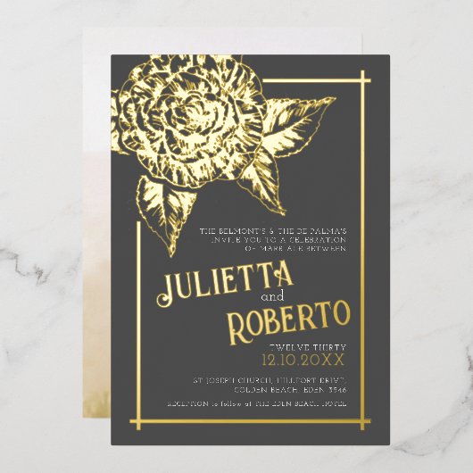 Inkt camellia bruiloft bruin en goud folie uitnodiging (Voorkant / Achterkant)