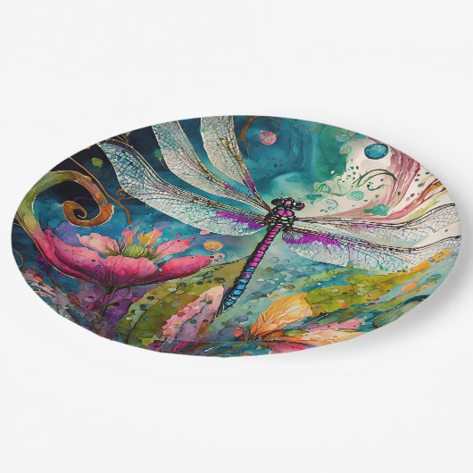 Inkt en Pen Waterverf Dragonfly Papieren Bordje (Gekanteld)
