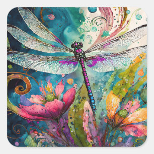 Inkt en Pen Waterverf Dragonfly Vierkante Sticker