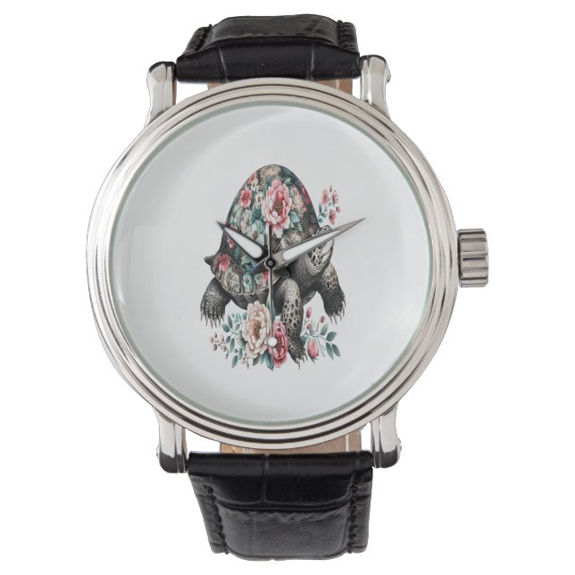Inkt en was schildpad met bloemenschelp. horloge (Voorkant)