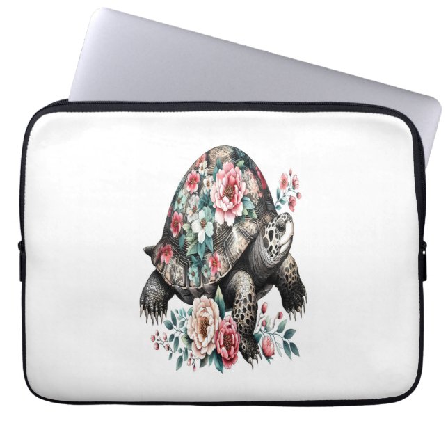 Inkt en was schildpad met bloemenschelp. laptop sleeve (Voorkant)