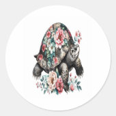 Inkt en was schildpad met bloemenschelp. ronde sticker (Voorkant)
