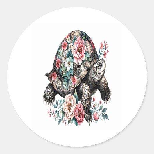 Inkt en was schildpad met bloemenschelp. ronde sticker (Voorkant)