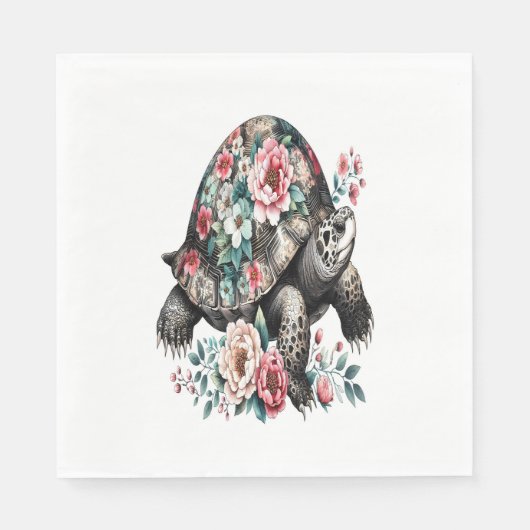 Inkt en was schildpad met bloemenschelp. servet (Voorkant)
