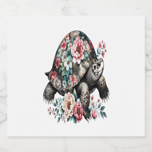 Inkt en was schildpad met bloemenschelp. sparkling wijnetiket (Enkel label)