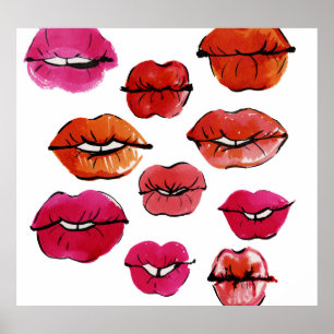 Inkt en waterverf lippen set poster