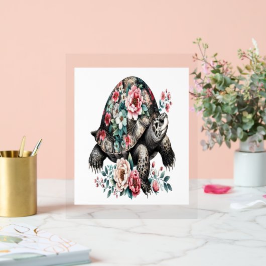 Inkt- en waterverfschildpad met bloemenschaal. acryl bord (Huwelijk)