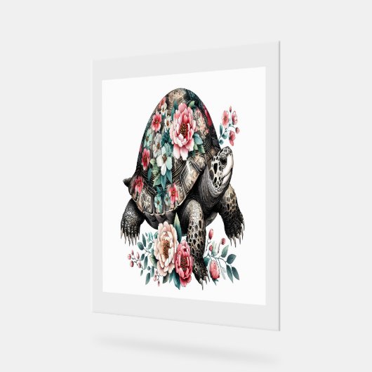 Inkt- en waterverfschildpad met bloemenschaal. acryl bord (Hoek)