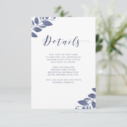 Inkt gebladerte | Details bruiloft gast Informatiekaartje (Staand voorkant)