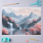 Inkt Schilderij van Bloeiende Bomen en Waterval Tissuepapier (Craft)