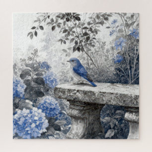 Inkt Was Blauwe Vogel Op Een Stenen Tuinbank Legpuzzel