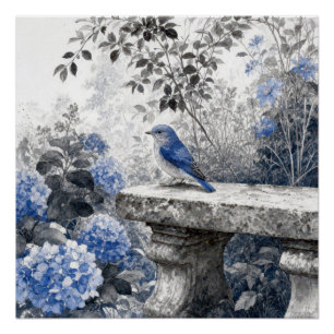Inkt Was Blauwe Vogel Op Een Stenen Tuinbank Perfect Poster