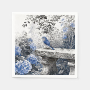 Inkt Was Blauwe Vogel Op Een Stenen Tuinbank Servet