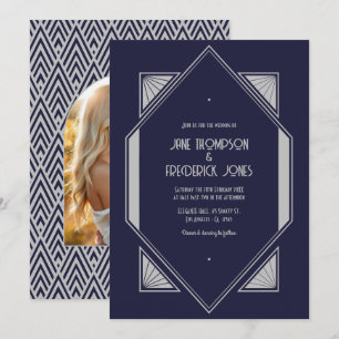Inktblauw & Platina Zilveren Art Deco Huwelijksfot Kaart