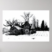 Inktes Oude Boerderij Winterlandschap Poster (Voorkant)