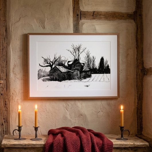Inktes Oude Boerderij Winterlandschap Poster