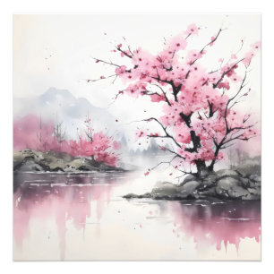 Inktschilderij Bloeiende boom Foto Afdruk