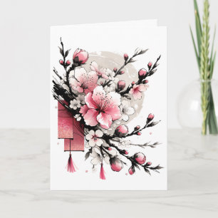 Inkttekening van Hoa Dao Gelukkig Nieuwjaar Feestdagen Kaart