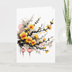 Inkttekening van Hoa Mai Gelukkig Nieuwjaar Feestdagen Kaart