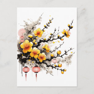 Inkttekening van Hoa Mai Gelukkig Nieuwjaar Feestdagenkaart