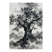 Inktwast Boom Poster | Japanse Zen Kunst | Monochr