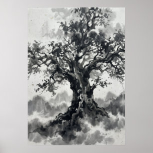 Inktwast Boom Poster Japanse Zen Kunst Monochr